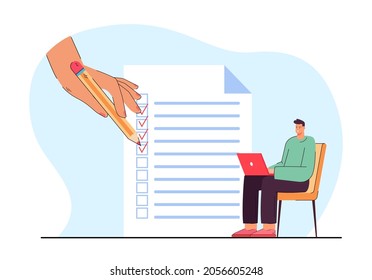 Tiny man sitting on chair with laptop on checklist background. Hand ticking to do list flat vector illustration. Organizer, productivity, concept for banner, website design or landing web page