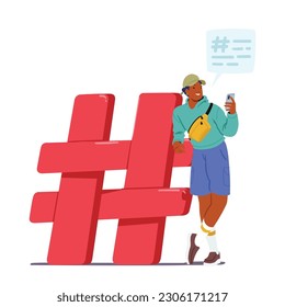 Tiny Man With Smartphone Near Huge Hashtag Sign Represents The Influence Of Social Media On Our Lives, Highlighting The Power Of Connectivity And Communication In The Digital Age. Vector Illustration