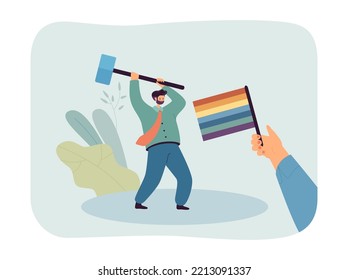 Tiny man smashing with hammer rainbow flag in activists hand. Persons anger against LGBT movement flat vector illustration. Protest, LGBTQ concept for banner, website design or landing web page