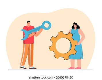 Tiny man with spanner and woman with gearwheel. Colleagues holding tools for technical support flat vector illustration. Repair service, teamwork concept for banner, website design or landing web page