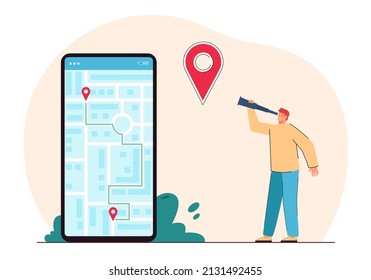 Tiny man with spyglass next to big phone with city map on screen. Mobile app showing route to destination flat vector illustration. Navigation, transportation, technology concept for banner