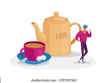 Tiny Man Stand at Huge Porcelain Cup with Saucer, Spoon and Cane Sugar Cubes and Teapot. Male Character Drinking Tea, Still-life, Refreshment and Hospitality Concept. Cartoon Vector Illustration