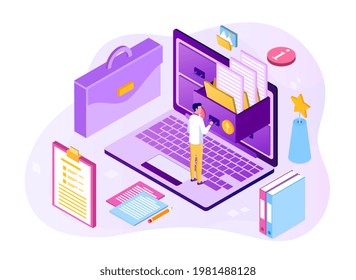 Tiny man stand and study working documentation storage in cabinet drawer, electronic file organization service. Flat abstract metaphor cartoon vector concept design banner isolated on white background