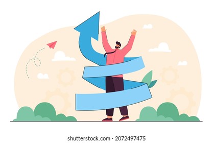 Tiny man standing in the center of twist arrow. Mans increase of education, career level, knowledge flat vector illustration. Evolution, personal improvement, business development, motivation concept