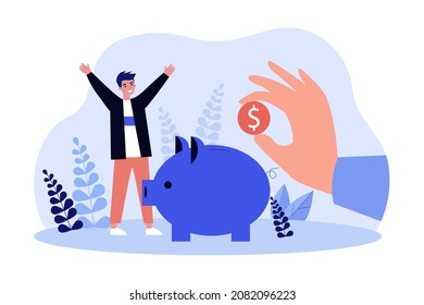 Pequeño hombre parado cerca de un banco de cerdos con mano gigante metiendo moneda de dólar en él. Carácter masculino que ahorra dinero ilustración vectorial plana. Presupuesto, concepto de finanzas para banner, diseño de sitios web, página web de aterrizaje