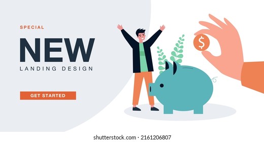 Tiny man standing near piggy bank with giant hand putting dollar coin in it. Male character saving money flat vector illustration. Budget, finance concept for banner, website design, landing web page