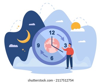 Tiny man standing next to huge clock with planet on it. Alternation or change of day and night, evening and morning routine, sleep cycle flat vector illustration. Circadian rhythm, time concept