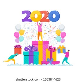 Tiny man is standing on a pile of boxes. Greeting card for the new year. Garland hangs. Flashes of fireworks, streamer, confetti. Flat vector illustration for flyer and booklet, brochure and website.