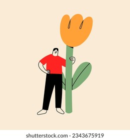 Tiny man stands with a giant Flower. Young person holding flower. Cute funny isolated character. Cartoon style. Hand drawn Vector illustration. Flower delivery service, florist, botanical concept