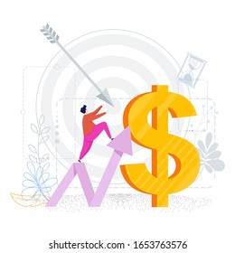 Tiny man tends upward arrow to a huge dollar. Business metaphor. Reaching the goal. Financial success, high earnings. Flat design, vector illustration.