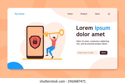 Tiny man unlocking mobile phone with golden key. Padlock, smartphone, lock flat vector illustration. Security and protection concept for banner, website design or landing web page