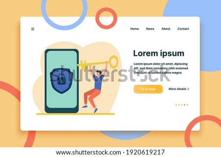 Tiny man unlocking mobile phone with golden key. Padlock, smartphone, lock flat vector illustration. Security and protection concept for banner, website design or landing web page