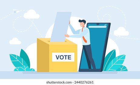 Un hombre pequeño vota por teléfono, deposita su voto en las urnas. Smartphone con aplicación de votación en la pantalla. Votar en urna. Concepto electoral. Democracia, libertad de expresión. Ilustración de vector