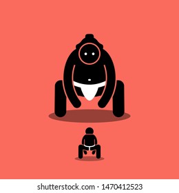 Tiny Man Vs Big Japanese Sumo Fighter. Vector Artwork Depicts A Small Person Ready To Fight With A Large Giant Sumo. Concept Of Challenge, Boss Fight, Difficult Level, And Underdog.