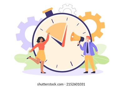 Tiny man and woman in background of huge timer. Man with loudspeaker, keeping time on stopwatch flat vector illustration. Deadline, time management, speed concept