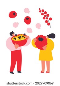 Tiny man and woman with berries. Vector illustration. Funny colored typography poster, advertising, packaging print design, market, farmers market decoration. Summer fruit,berries concept. Isolated.