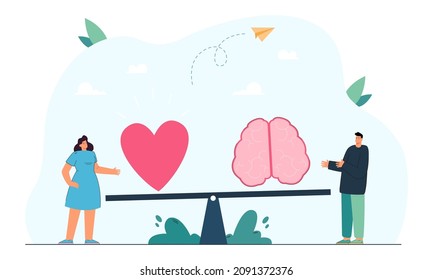 Tiny man and woman with brain and heart on scales or seesaw. Gut feeling or intuition against rational thinking flat vector illustration. Emotions and logic balance concept for banner, website design