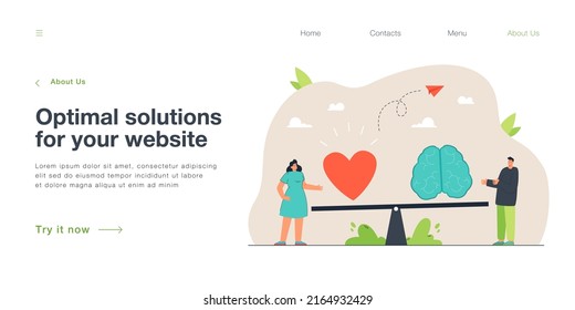 Tiny man and woman with brain and heart on scales or seesaw. Gut feeling or intuition against rational thinking flat vector illustration. Emotions and logic balance concept for banner, website design