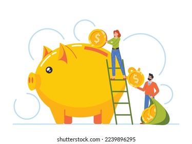 Tiny Man and Woman Characters Standing on Ladder Throw Golden Coins into Huge Piggy Bank. Concept of Money Deposit, Finance Savings, Banking, Investment or Budget. Cartoon People Vector Illustration