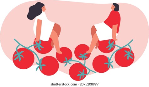 Tiny man and woman with cherry tomato. Vector illustration. Funny colored typography poster, advertising, packaging print design, market, farmers market decoration. Vegetables concept. Isolated.