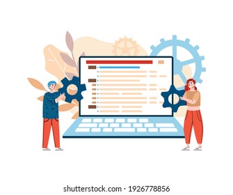 Tiny man and woman connecting mechanism gears in front of huge laptop screen, cartoon vector illustration isolated on white background. Software and code testing concept.