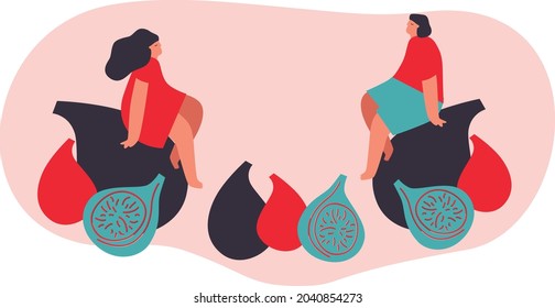Tiny man and woman with fruits, berries. Vector illustration. Funny colored typography poster, advertising, packaging print design, market, farmers market decoration. fruits, berries concept. Isolated