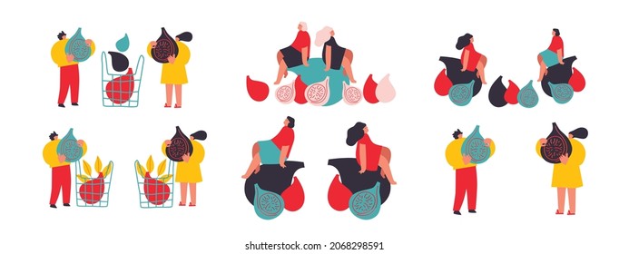 Tiny man and woman with fruits, berries. Vector illustration. Funny colored typography poster, advertising, packaging print design, market, farmers market decoration. fruits, berries concept. Isolated - Shutterstock ID 2068298591