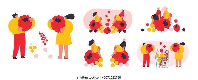 Tiny man and woman with fruits, berries. Vector illustration. Funny colored typography poster, advertising, packaging print design, market, farmers market decoration. fruits, berries concept. Isolated - Shutterstock ID 2071022768