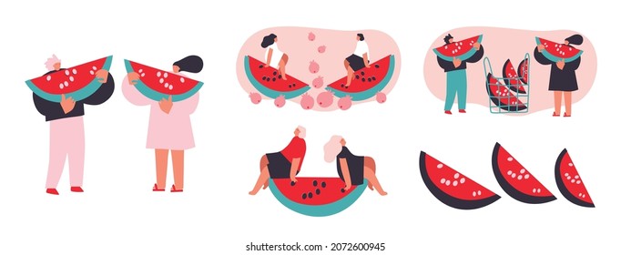 Tiny man and woman with fruits, berries. Vector illustration. Funny colored typography poster, advertising, packaging print design, market, farmers market decoration. Watermelon concept. Isolated - Shutterstock ID 2072600945