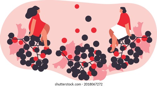 Tiny man and woman with fruits, grape. Vector illustration. Funny colored typography poster, advertising, packaging print design, market, farmers market decoration. fruits, berries concept. Isolated