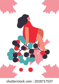 Tiny man and woman with fruits, grape. Vector illustration. Funny colored typography poster, advertising, packaging print design, market, farmers market decoration. fruits, berries concept. Isolated