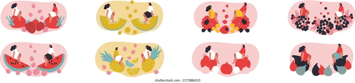 Tiny man and woman with fruits. Vector illustration. Funny colored typography poster, advertising, packaging print design, market, farmers market decoration. Summer fruit,berries concept. Isolated.