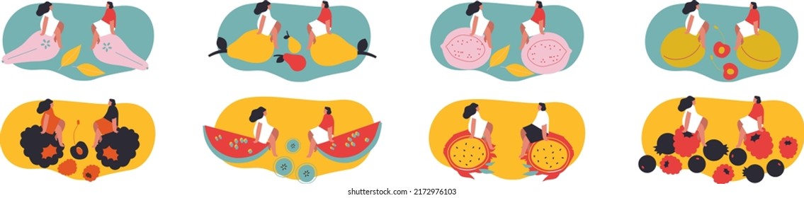 Tiny man and woman with fruits. Vector illustration. Funny colored typography poster, advertising, packaging print design, market, farmers market decoration. Summer fruit,berries concept. Isolated.