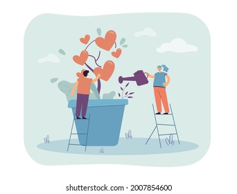 Tiny man and woman growing tree of love together. Flat vector illustration. Young guy and girl watering giant tree with hearts on branches. Love, relationship, nature, gardening, family concept