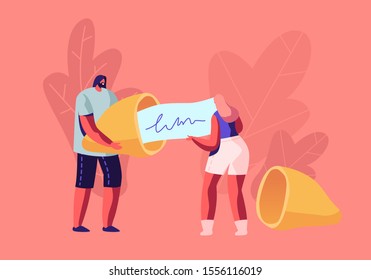 Tiny Man and Woman Holding Huge Fortune Cookie Reading Forecasting on Piece of Paper. Surprised Message inside of Bake. Chinese Traditional Food, Prediction for Future. Flat Vector Illustration