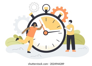 Pequeño hombre y mujer moviendo manos de relojes gigantes, cronómetro. Ilustración vectorial plana. Rápido movimiento del tiempo, retraso de la fecha límite, control del intervalo de tiempo. Negocio, cuenta regresiva, concepto de gestión del tiempo