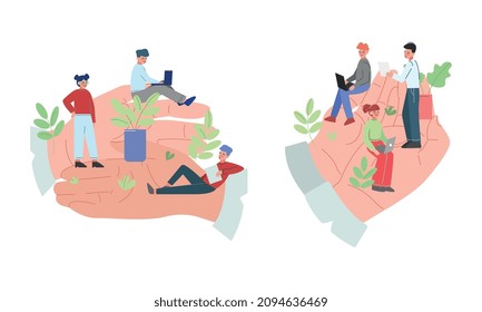 Tiny Man and Woman Office Employee Working in Giant Hand Vector Set