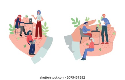 Tiny Man and Woman Office Employee Working in Giant Hand Vector Set