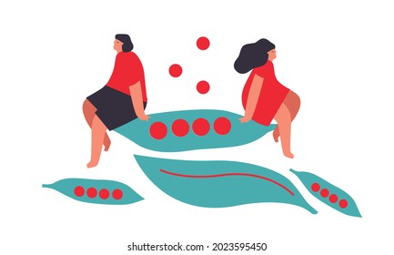 Tiny man and woman with peas, vegetables. Vector illustration. Funny colored typography poster, advertising, packaging print design, market, farmers market decoration. vegetables concept. Isolated.