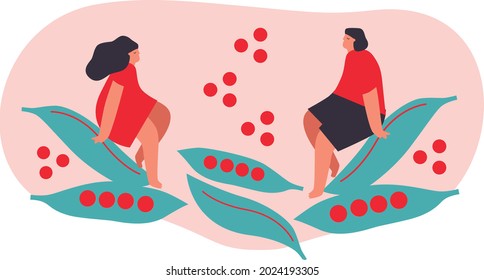 Tiny man and woman with peas, vegetables. Vector illustration. Funny colored typography poster, advertising, packaging print design, market, farmers market decoration. vegetables concept. Isolated. 