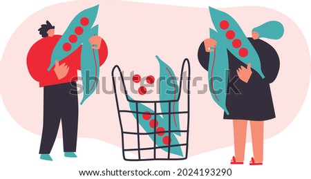 Tiny man and woman with peas, vegetables. Vector illustration. Funny colored typography poster, advertising, packaging print design, market, farmers market decoration. vegetables concept. Isolated.