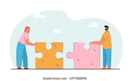 Tiny man and woman putting together giant puzzle. Flat vector illustration. Couple building relationship, holding puzzle pieces fitting together. Love, relationship, romance concept for banner design