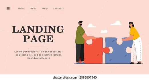Tiny man and woman putting together giant puzzle. Flat vector illustration. Couple building relationship, holding puzzle pieces fitting together. Love, relationship, romance concept for banner design