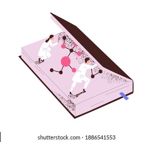 Tiny man and woman scientists opening giant book vector flat illustration. Concept of educational and science literature isolated on white background. Scientific, chemical or medical reading