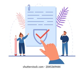 Tiny Man And Woman Signing Company Legal Principles Document. Employee Control, Policies And Procedures, Data Protection Policy Flat Vector Illustration. Law, Employment Contract Concept For Banner