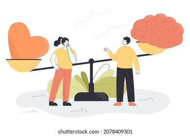Tiny man and woman standing near scales with brain and heart. Thinking and choosing between feelings and mind, gut instincts and logic flat vector illustration. Intuition and logic balance concept