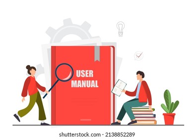 A tiny man and woman standing near user manual book, guide instruction or textbooks with magnifying glass, specifications user guidance document, flat vector illustration