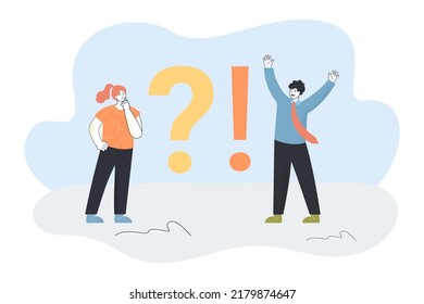 Tiny man and woman standing at question and exclamatory marks. Girl asking question and businessman having answer flat vector illustration. Faqs concept for banner, website design or landing web page