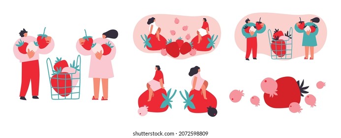Tiny man and woman with strawberry. Vector illustration. Funny colored typography poster, advertising, packaging print design, market, farmers market decoration. fruits, berries concept. Isolated - Shutterstock ID 2072598809
