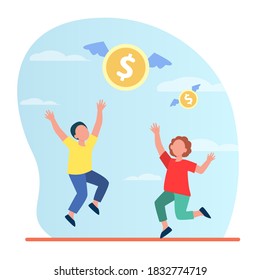 Tiny man and woman trying to catch flying money illustration. Dollar, profit, investment. Finance concept can be used for presentations, banner, website design, landing web page